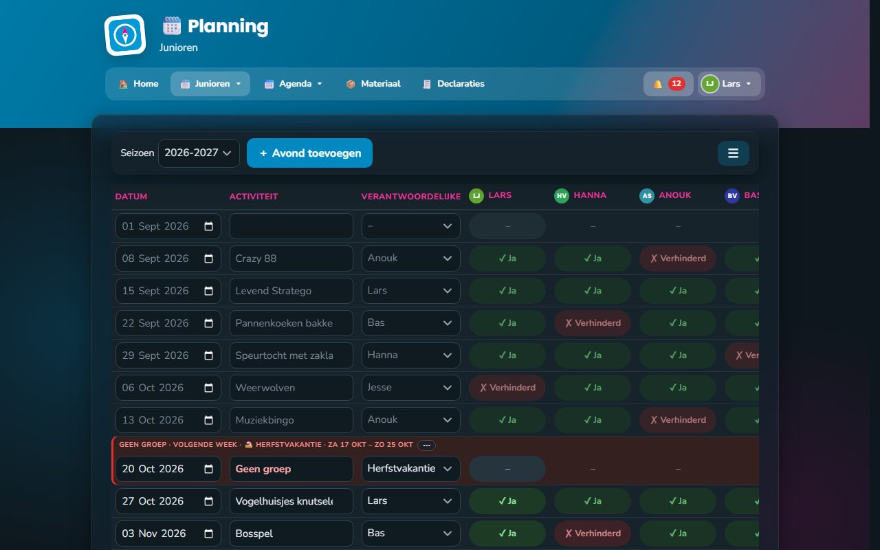 Dezelfde planning in het donkere thema