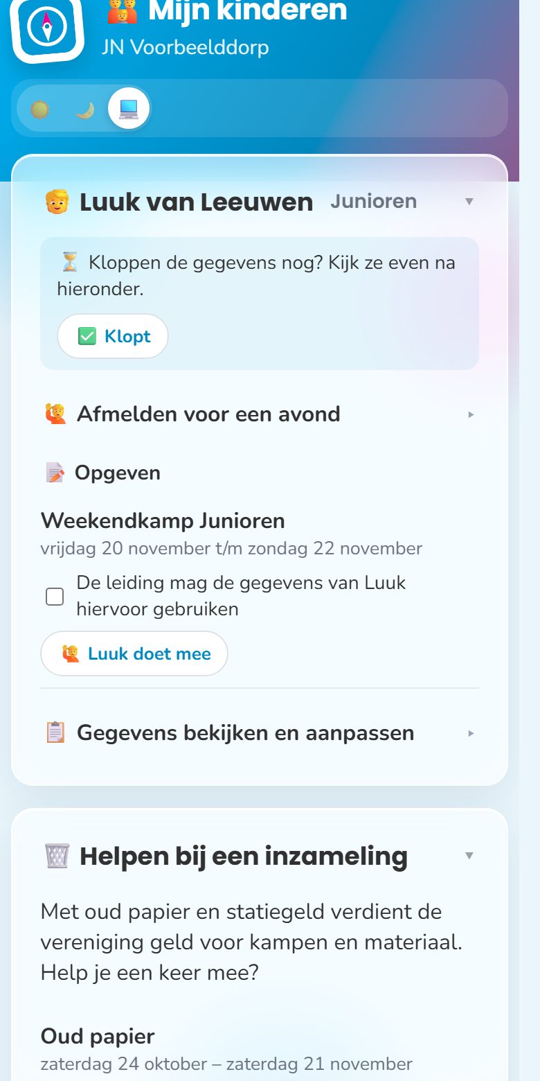 Het ouderportaal op een telefoon: gegevens nakijken, opgeven voor het weekendkamp, helpen bij oud papier
